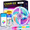 CHARKEE 50ft LED Lights USB-Powered, RGB Strip Lighting for Bedroom/TV Backlight/Gaming Lighting, Color Changing Bluetooth Led Lights with Smart App Control, Music Sync Sound Reaction