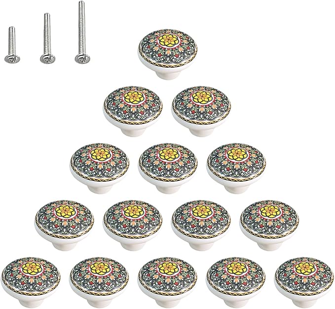 HUAMULAN 15 Pack Boheimian Retro Ceramic Knobs Vintage Dresser Button Shape Mushroom Boho Kitchen Petal Cabinet Pulls Cupboard Wardrobe Drawer Door Handles Glossy
