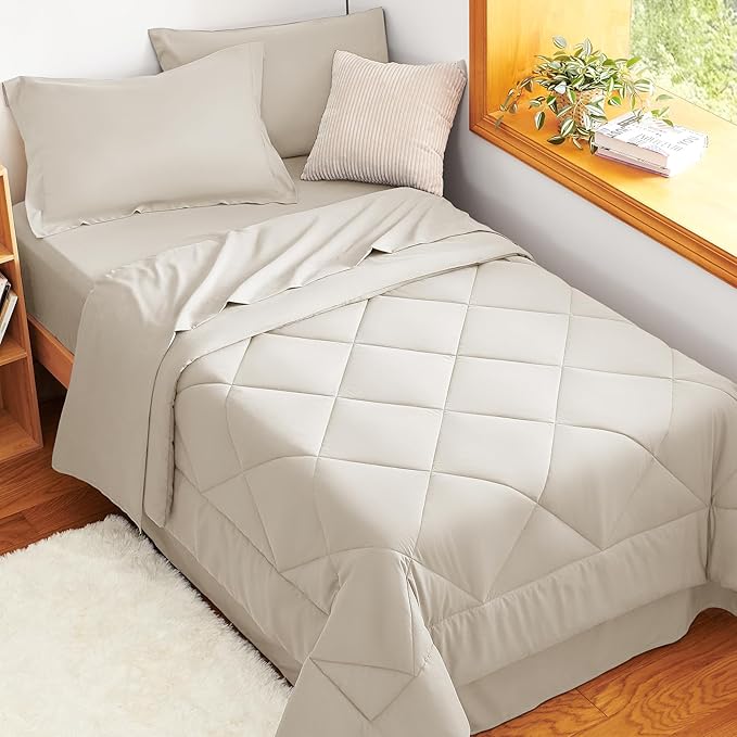 CozyLux Twin Comforter Set with Sheets Beige - 5 Pieces Bed in a Bag Twin, All Season Bed Set for Girls and Boys, Bedding Set with Down Alternative Comforter, Sheets, Pillowcase & Sham