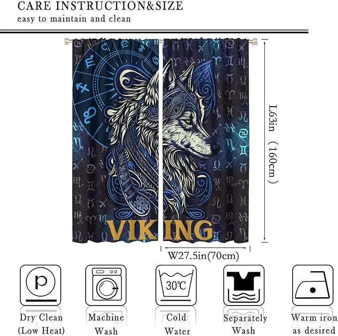 Viking Wolf Curtains Blue Rune Nordic Gothic Animal Curtains Dark Ancient Totem Mythological Pattern Printed Curtains Boys Bedroom Living Room Decoration Blackout Curtains W55 * L63 Inch