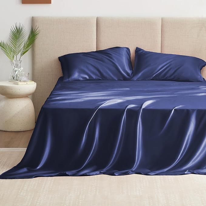 Love's cabin Full Size Satin Sheet Sets - 4 Piece Navy Blue Silky Sheet Set Full with Deep Pocket, Luxury Silk Feel Satin Bed Sheets Full Bedding Set (1 Flat Sheet,1 Fitted Sheet,2 Pillow Cases)