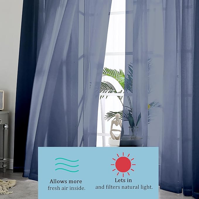OWENIE Sheer Curtains 54 inches Long 2 Panels Set, Rod Pocket Curtain Sheers for Living Room/Bedroom, Light Filtering Voile Panels Drapes Small Window Treatments 2 Pcs Total Wide 84 Inches, Navy Blue