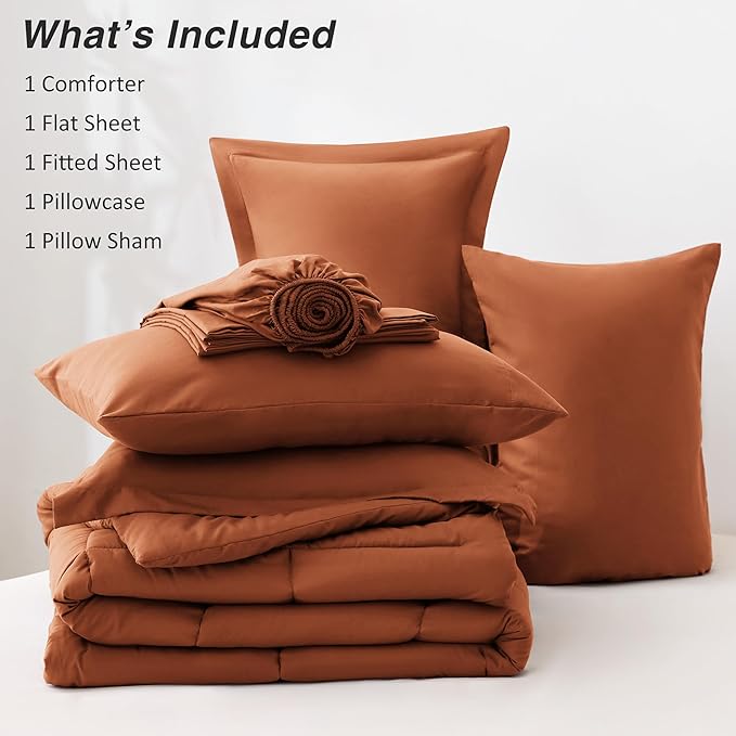 Love's cabin Queen Comforter Set Burnt Orange, 7 Pieces Queen Bed in a Bag, All Season Bedding Sets with 1 Comforter, 1 Flat Sheet, 1 Fitted Sheet, 2 Pillowcase and 2 Pillow Sham