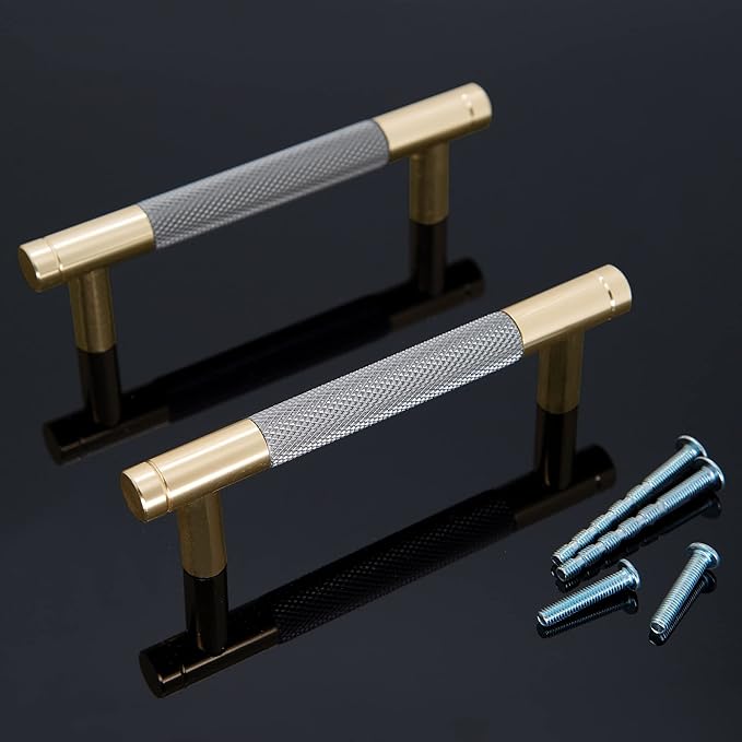 Knurled Cabinet Pulls 2 Pack, 5 Inch Long Cabinet Handles Metal Door Pulls, Kitchen Drawer Pull Knurled Dresser Handles - 3 3/4" Hole to Hole, Grey & Gold