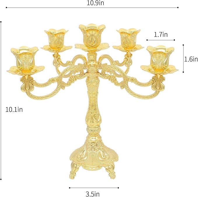 Metal Candelabra 5-Candle 10.1 Inch Tall Candle Holder Stick for Home Wedding Event and Party Festival,Gold