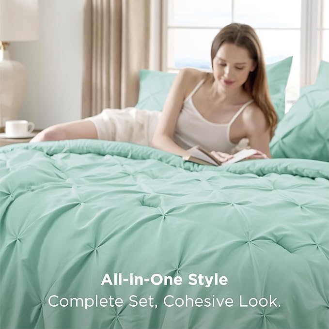 Bedsure California King Comforter Set - Bed in a Bag Cal King Bedding Set 7 PCS, GentleSoft™ Pintuck Bed Set Gift for Family, Pinch Pleat Mint Green Comforter with Sheets, Pillowcases & Shams