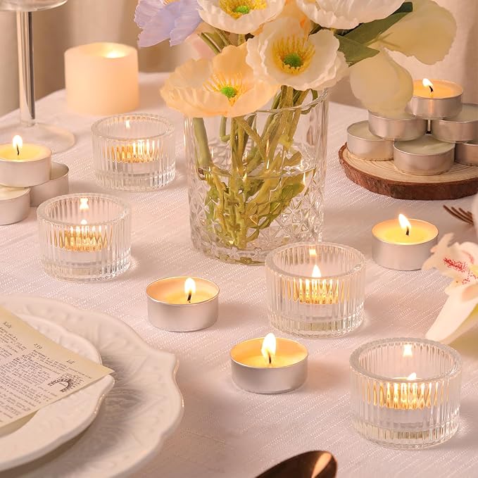 18 pcs Clear Tealight Candle Holders with 18PCS Tealights Candles, Glass Votive Candle Holders Set for Table Centerpiece, Home Decor and Party Supplies