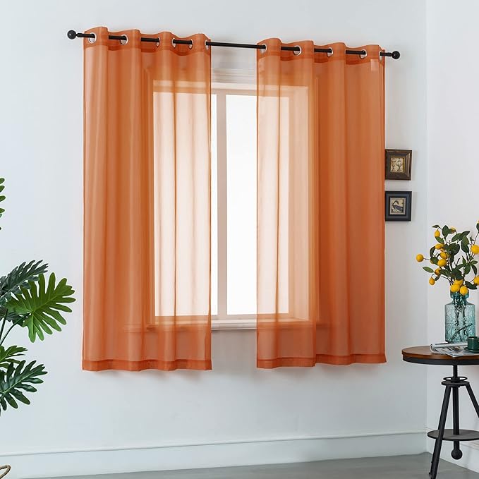 DUALIFE Burnt Orange Sheer Curtains 63 Inch Length for Bedroom 2 Panels Elegant Grommet Top Drapes Terracotta Sheer Curtain Panels for Living Room 52x63 Inches Long Rust