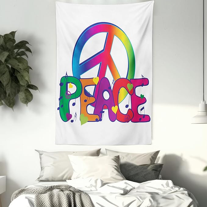 Ambesonne Groovy Tapestry, Peace Text Sign Letters Seventies Musical Historic Revolution Equality Illustration, Wall Hanging for Bedroom Living Room Dorm Decor, 40" X 60", Pink Blue