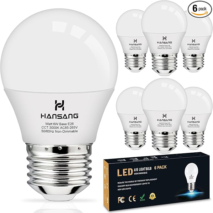 hansang E26 Appliance Light Bulb, 3000K Soft White, 60 Watt Equivalent Small Light Bulb, E26 LED Bulb for Ceiling Fan, A15 Light Bulb, 600lm 120V, CRI85+, Eye Protection, 120V, Non-Dimmable 6 Pack
