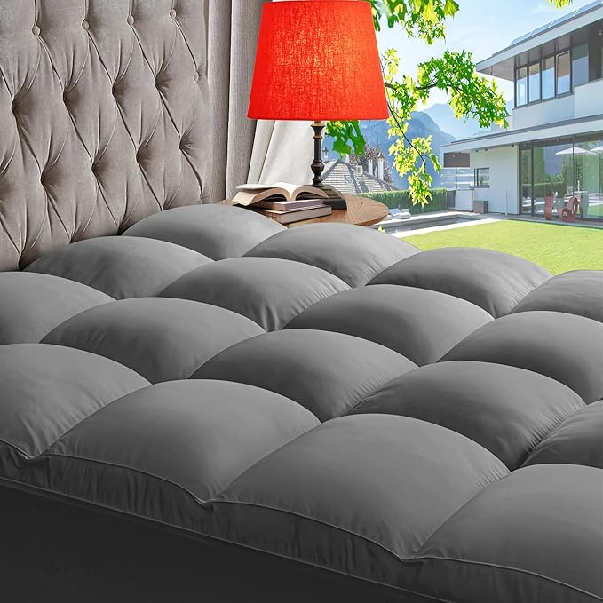 ABENE Mattress Topper Queen for Back Pain Relief, Extra Thick Mattress Pad Pillowtop, Soft Mattress Protector Cover with 8"-21" Deep Pocket, Overfilled Down Alternative Filling (Gray, Queen)