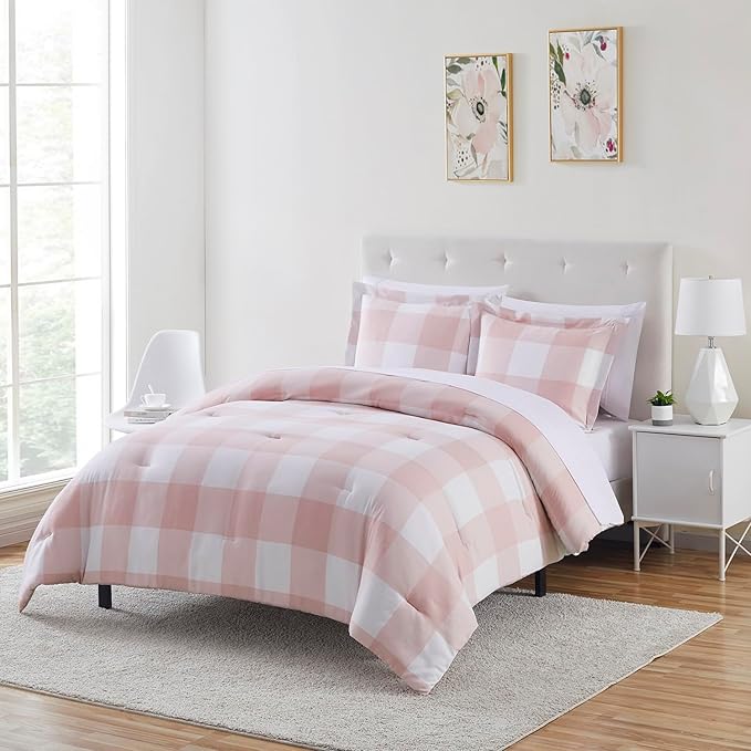 King Size Comforter Set with Sheets - 7-Piece Bedding Collection - 1 Comforter, 1 Fitted Sheet, 1 Flat, 4 Pillowcases - Deep Pocket - Soft & Premium Quality - Ideal for All Seasons Checkered Box Blush