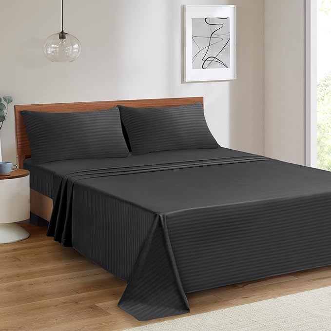 Mejoroom Striped Full Size Sheets – Extra Soft Full Size Bed Sheets - 16inches deep Pocket Full Sheet Set, Breathable, Wrinkle, Fade and Stain Resistant – 4 Piece(02-Black)