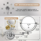 Wall Mounted Makeup Mirror with Light and Magnification, 7W Higher Brightness and Dimmable 1X/10X Double Sided Wall Magnified Mirror, Extending Vanity Mirror for Bathroom, Antique Brass Direct Wire