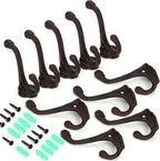 Peohud 10 Pack Cast Iron Coat Hooks, Rustic Wall Hooks, Wall Mounted Farmhouse Coat Hangers, Heavy Duty Double Hooks for Hanging Coats, Bags, Caps, Hats, Towels, Keys