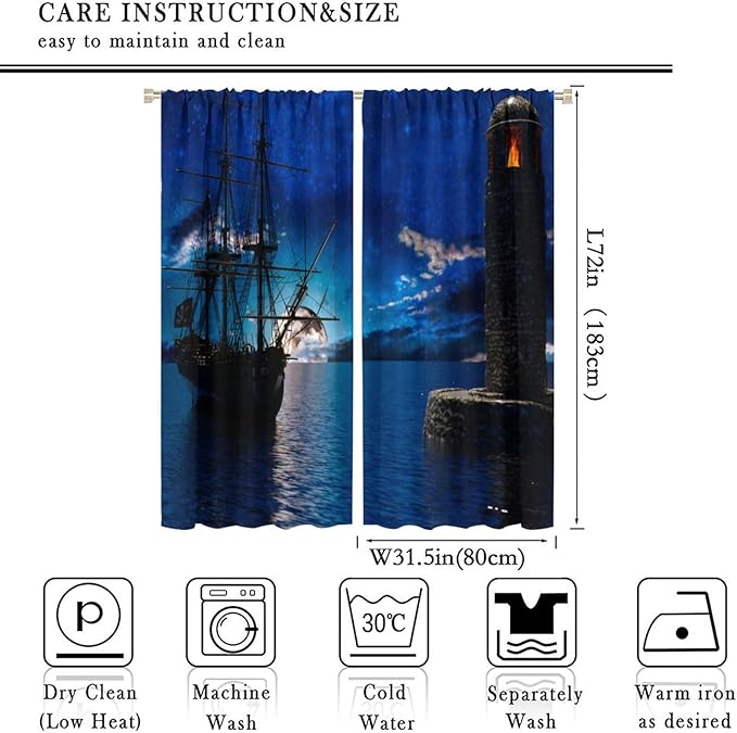 Pirate Ship Curtains, Nautical Sailboat Sailing Ocean Adventure Full Moon Cloudy Night Sky Old Lighthouse Print Blackout Window Treatments for Bedroom Living Room 63x72in
