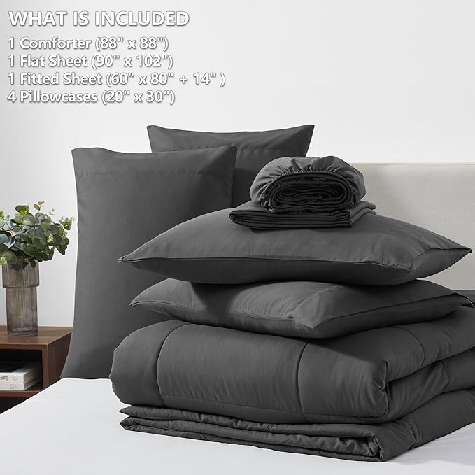 CozyLux Queen Comforter Set Dark Grey, 7 Pieces Bed in a Bag, Dark Gray Comforter Queen Size, All Season Bedding Sets with Stitch Quilted Comforter, Flat Sheet, Fitted Sheet, Pillowcases