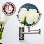 OVENTE 7" Wall Mounted Makeup Mirror with 1X/10X Magnification, Double Sided Magnifying Round Bathroom Vanity Mirror, 360° Swivel Design, Extendable and Folding Arm, Nickel Brushed MNLFW70BR1X10X