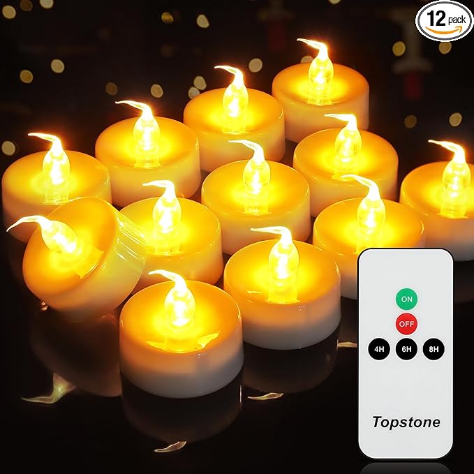 Topstone 12 Pack Battery Operated Flickering Flameless Candles with Remote Control and Timer, Warm Yellow Light, Perfect for Wedding and Festival Decoration