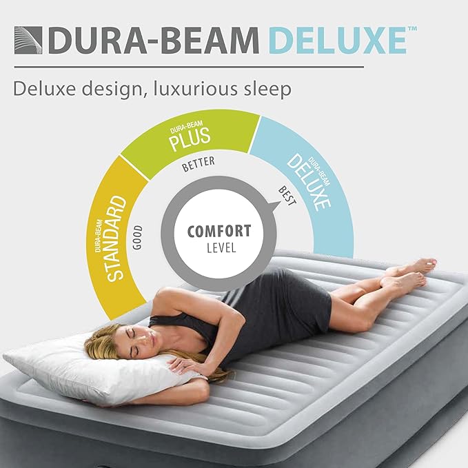 Intex Twin Size Air Mattress, 18in Height, Built-in Pump, Dura-Beam Deluxe Comfort-Plush - Portable Inflatable Blow-up Bed for Camping, Travel, Guests