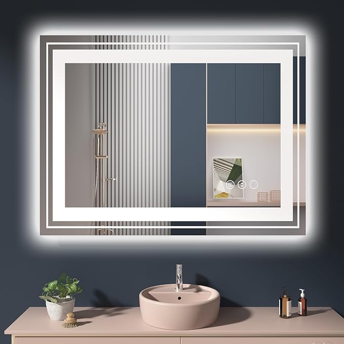 LED Mirror for Bathroom, 40"X30" with 8 RGB Backlit +3 Front Lit (Adjustable Individually), Anti-Fog, Lighted Bathroom Vanity Mirror for Wall, Shatterproof, Memory Function, Tempered Glass