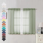 OVZME 2 Panels Window Sage Green Sheer Curtains 42" x 45" Inches for Small Windows, Soft Touching Top Dual Rod Pocket Drapes for Living Room & Bedroom