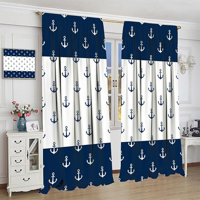 Anchor Pattern Curtains, Nautical Theme Navy Blue White Anchor Sea Life Adventure Print Blackout Window Treatments for Living Room Boys Men's Bedroom 52x84in