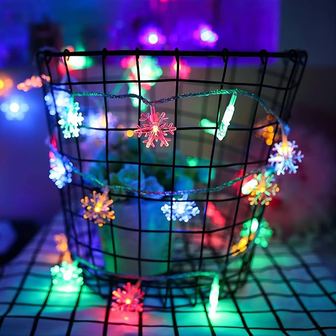 Christmas Lights Multicolor, 20 FT 40 LED Multi Colored Snowflake String Lights, Battery Operated 8 Modes Colorful Holiday Hanging Lights, Bedroom Room Xmas Tree Decor Indoor Outdoor Decorations