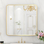 LED Bathroom Mirror with Lights, 32x32 Inch Gold Metal Framed LED Mirror for Bathroom, 3 Colors and Stepless Dimmable Wall Mounted Lighted Bathroom Vanity Mirror, Anti-Fog, Memory