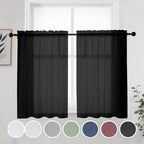 OWENIE Short Sheer Curtains 30 Inches 2 Panels Set, Kitchen Tiers Light Filtering Rod Pocket Cafe Curtains for Bathroom Small Half Window, 42 in W x 30 in L, Black