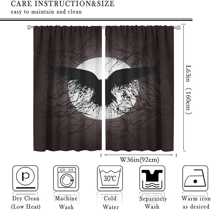 Cool Raven Print Curtains,Vintage Nordic Viking Theme Dead Tree Crow Full Moon Window Drapes Thermal Insulated Rod Pocket Blackout Drapes for Bedroom 2 Panels 63L x 36W