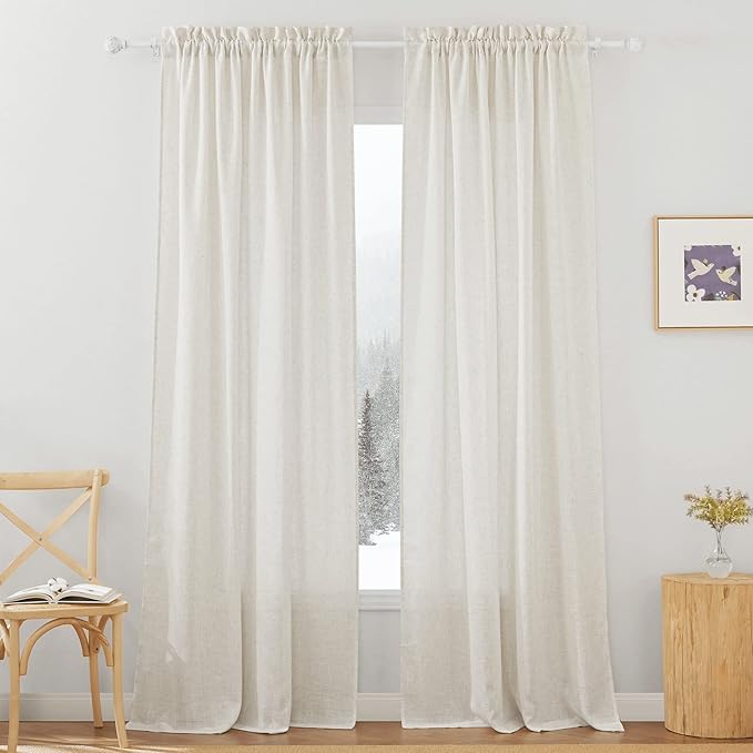 RYB HOME Linen Sheer Curtains 84 inches Long, Semi Sheer Curtains for Living Room Bedroom Privacy Soften Sunlight Drapes for Farmhouse Cafe Dining Room, W 52 x L 84, Linen, 2 Panels