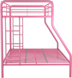 DHP Dusty Metal Bunk Bed Frame, Twin-Over-Full for Kids, Teens, Adults, Angled Ladder, Guardrail, No Boxspring, Small Spaces, Pink