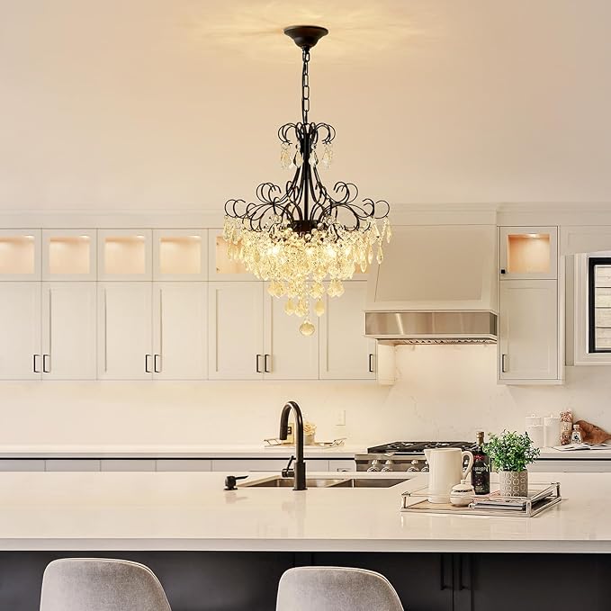 WUZUPS Crystal Chandelier 5-Light Pendant Ceiling Light Modern Lighting Fixture for Dining Room Hallway Bedroom Kitchen Bathroom, H 22.4" x W 18.3", E12 Base, Black