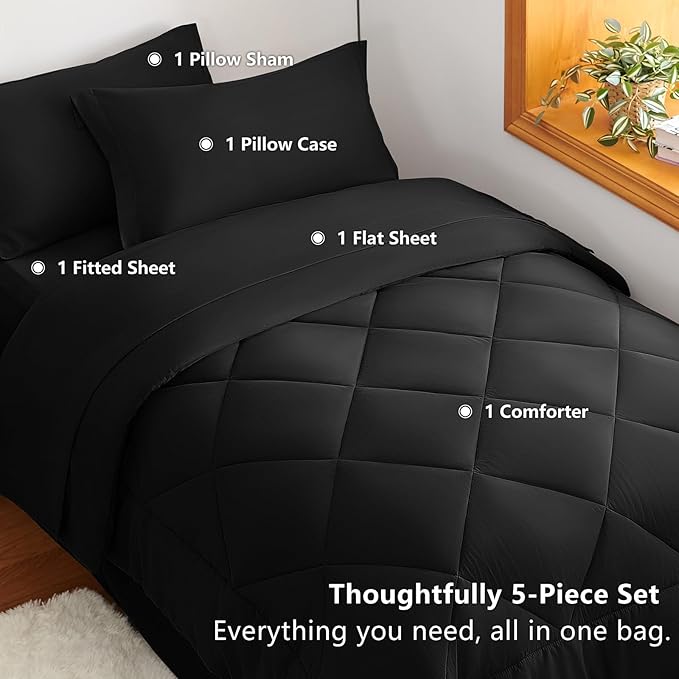CozyLux Twin XL Comforter Set Black - 5 Pieces Twin Extra Long Bed in a Bag for College Dorm, All Season Bedding Set for Girls and Boys, Soft Bed Set with Comforter, Sheets, Pillowcase & Sham