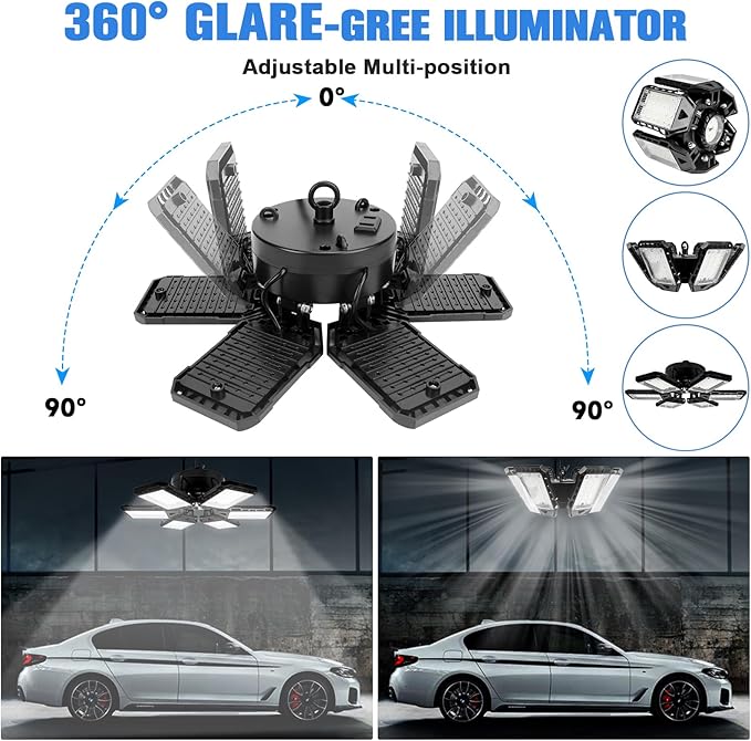 LED Garage Lights 2 Pack - 180W, 18000LM 6500K Led Shop Light with 6+1 Deformable Panels, Basement, Barn, Warehouse, Shop Ceiling Lights, E26/E27 for Multiple Uses