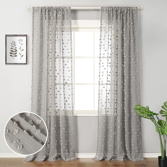 MYSKY HOME Pom Pom Grey Sheer Curtains for Bedroom Girls Room Curtains for Nursery Kids Light Filtering Boho Window Drapes, Rod Pocket, 52 x 95 Inches, 2 Panels