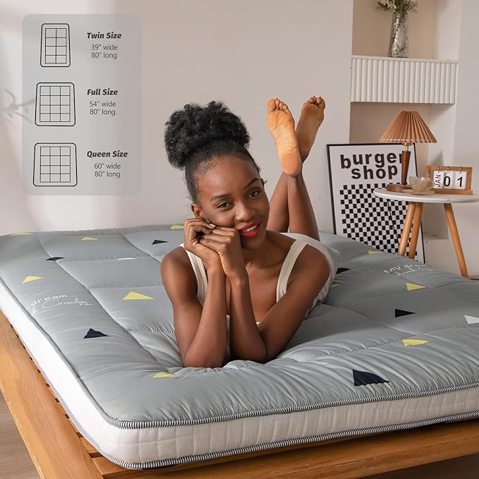 MAXYOYO Grey Triangle Futon Mattress, Padded Japanese Floor Mattress Quilted Bed Mattress Topper, Extra Thick Folding Sleeping Pad Breathable Floor Lounger Guest Bed for Camping Couch, Twin Size