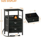 Furologee Nightstand Set of 2, Black Oak, with Charging Station and USB Ports, Side Tables with 2 Fabric Drawers, Bedside Tables with Storage Shelf & Hooks, for Living Room/Bedroom