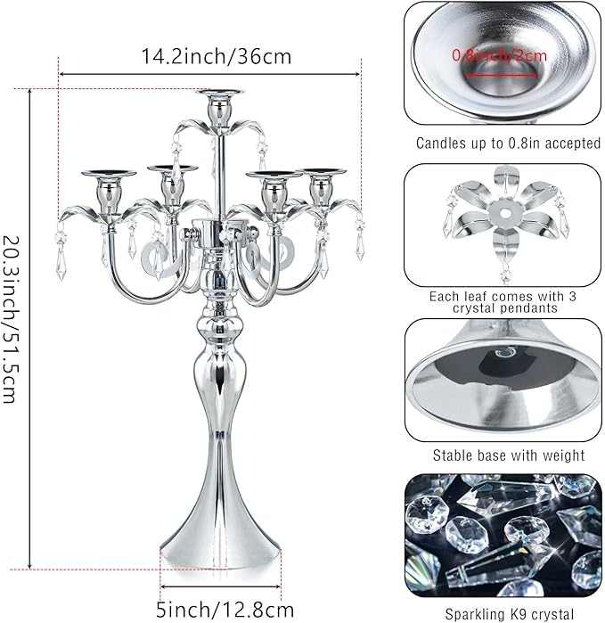 20.3'' Tall 5 Arm Silver Metal Candelabra Centerpiece for Table, Retro Table Centerpieces for Party, Events, Home, Wedding Decor (4)