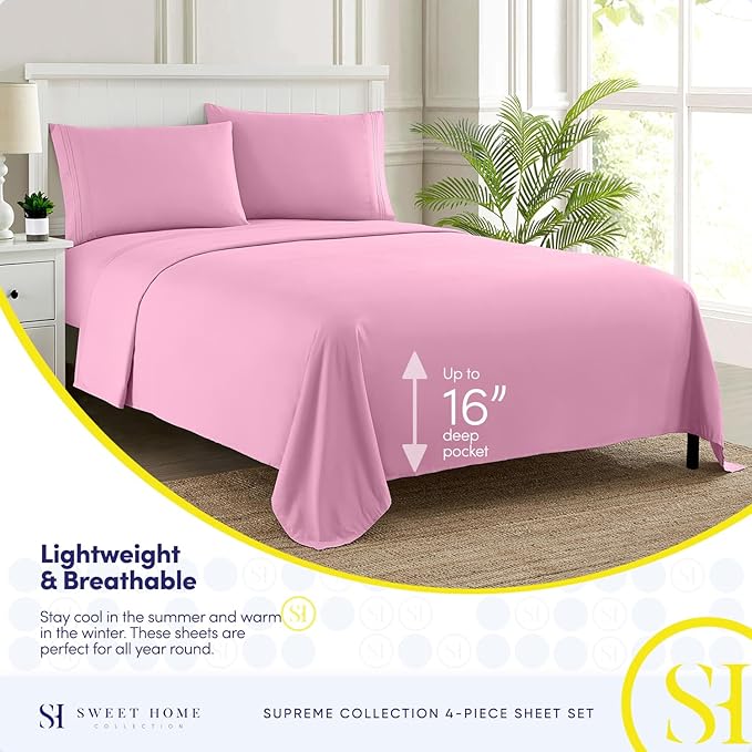 California King Sheet Sets - Breathable Luxury Sheets with Full Elastic & Secure Corner Straps Built In - 1800 Supreme Collection Cal King Deep Pocket Bedding Set, Sheet Set, California King, Pink