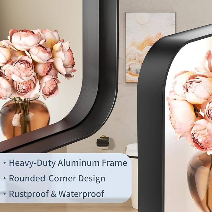 40×30 Black Vanity Mirror for Over Sink - Rectangular Bathroom Mirrors for Wall with Tempered-Glass & Rustproof Metal Frame for Restroom, Rounded Corners, Horizontal/Vertical, Explosion Proof