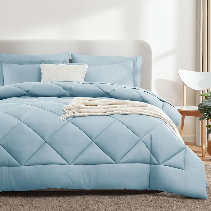 CozyLux Queen Comforter Set Light Blue - Bed in a Bag Queen Size 7 Pieces, Luxury Soft Bed Set for All Seasons, Bedding Set with Down Alternative Comforter, Sheets, Pillowcases & Shams