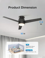 warmiplanet Flush Mount Ceiling Fan with Lights Remote Control, 52-Inch, Black, 3-Blades
