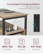 VASAGLE Side End Table with Charging Station, Slim Nightstand with 2 Drawers, Narrow Bedside Table for Living Room, Small Spaces, Turquoise Brown and Ink Black ULET321B60