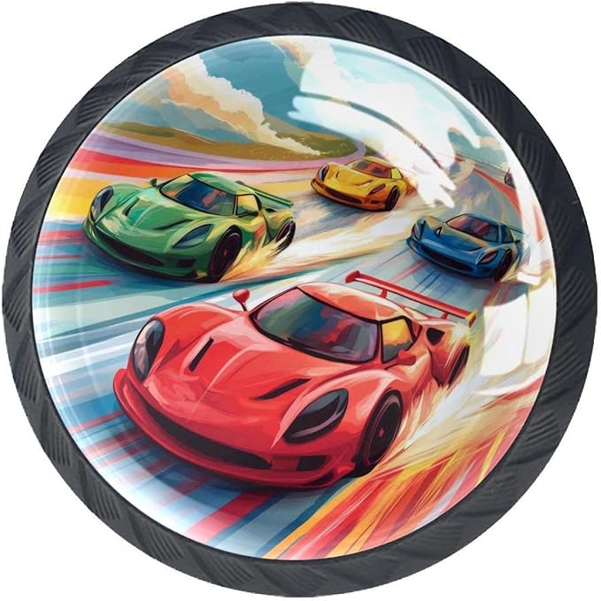 Race Cars with Colorful Racing Track Pattern Kitchen Cabinet Knobs, Decorative Dresser Knobs with Screws Pulls Handles Hardware Drawer Knobs for Home Furniture, 4 Pack