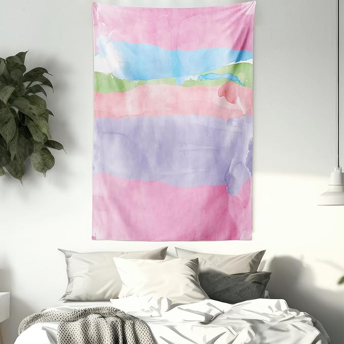 Lunarable Abstract Tapestry Queen Size, Paintbrush Watercolor Large Pastel Horizontal Stripes in Various Tones Boho Print, Wall Hanging Bedspread Bed Cover Wall Decor, Queen Size, Lilac Pink