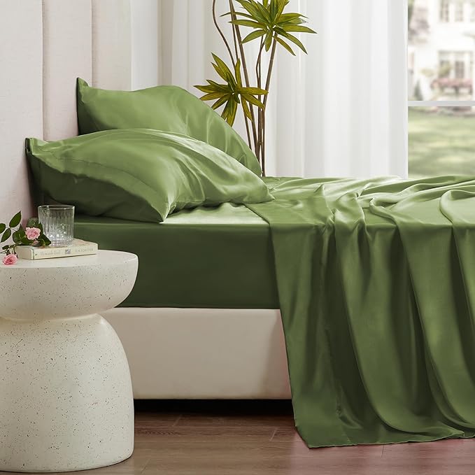 Love's cabin Full Size Satin Sheet Sets - 4 Piece Sage Silky Satin Sheet Set Full with Deep Pocket, Luxury Silk Feel Satin Bed Sheets Full Bedding Set (1 Flat Sheet,1 Fitted Sheet,2 Pillow Cases)