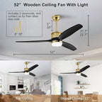 BOJUE 52 Inch Black Gold Ceiling Fans with Lights and Remote, Reversible Quite DC Motor,6 Speeds with Memory Program,Modern Farmhouse Wood Ceiling Fan with Light for Living Room Patio