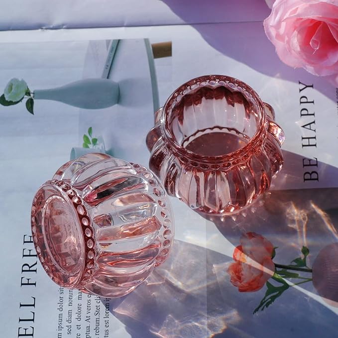Woho Rose Gold Tealight Candle Holder Set of 6 for Valentines Day Decor, Glass Tea Lights Candle Holder for Wedding Party, Votive Candle Holders for Table Centerpiece
